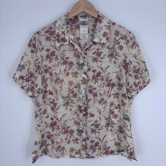 Laura Ashley Tops - VTG Laura Ashley Blouse Womens 12 Cream Floral Short Sleeve‎ Button Up UK Made